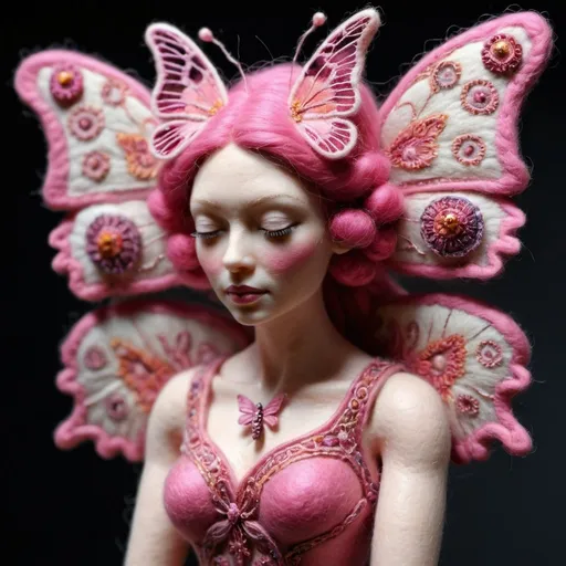 Prompt: needle-felted butterfly woman, pink, intricate details, insane details, volumetric lighting