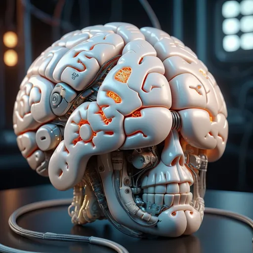 Prompt: A complex 3d render of a beautiful porcelain human brain, with glowing details, ultra detailed, cyborg, robotic parts, 150 mm, beautiful studio soft light, rim light, vibrant details, luxurious cyberpunk, lace, hyperrealistic, cable electric wires, microchip, elegant, beautiful background, octane render, H. R. Giger style, 8k