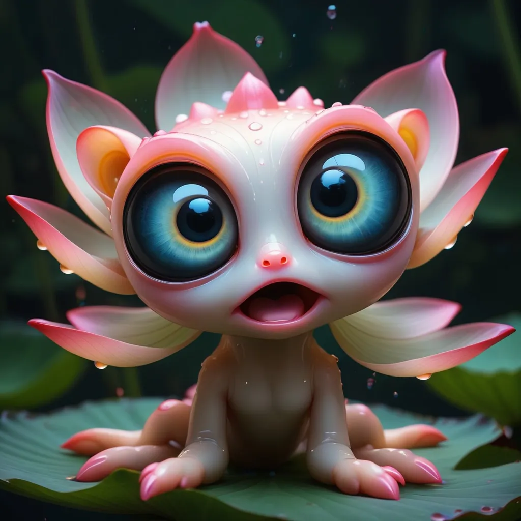 Prompt: 
incredibly cute fantastic lotus creature with glowing big eyes, ultra detail, abstraction, surrealism, best quality, masterpiece, luminescence, splash