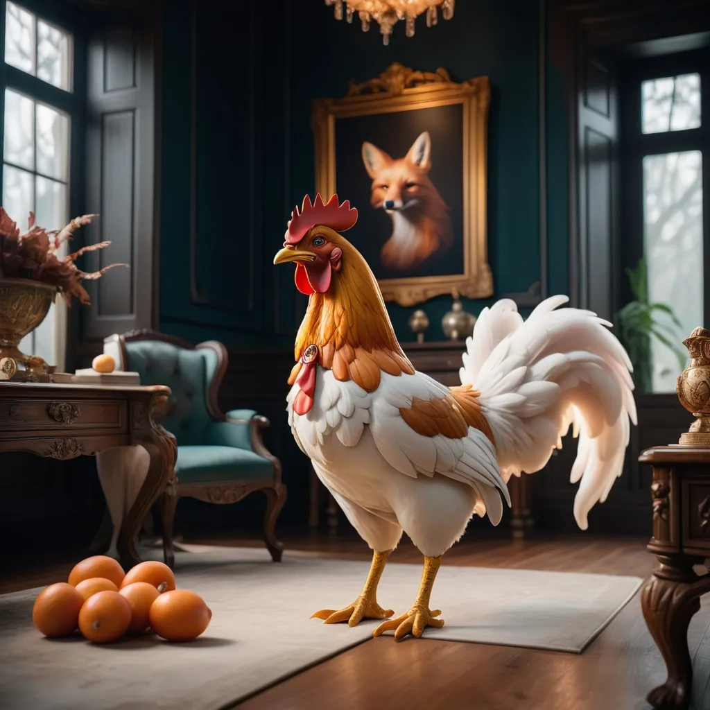 Prompt: impressive luxury residence combining the styles of metaphorical chicken and mystical fox, professional photography, cinematic lighting, unsplash