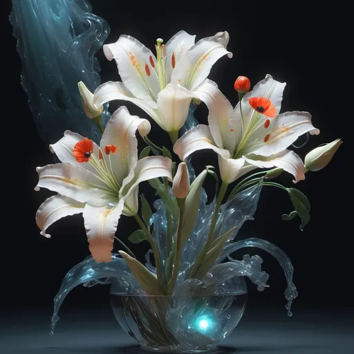 Prompt: Large blooming ((iridescent ((((lilies, white roses, poppies)))) by Fragonard, Sho Murase, Chen Su ))) indigo berry cream peach silver petals, glowing red translucent ((seed pods) by ((Noah Bradley, John Berkey)), (background theme) Twisted ancient fractal virus, glowing translucent ribbons, made of thin biological membrane, 3d textures, DNA,  infinite depth, galactic starfield, ultra realistic, high index of refraction, (bioluminescent sea angels) ((sparking fibre optic cables))((Chen Shu, J.R. Slattum, Howard David Johnson)) hyper realistic elegant smooth sharp clear edges, global illumination, smokey sky, fBm clouds, sunlight and shadows, sharp focus, wide angle perspective, cinematic, ultra realistic, sense of high spirits, electrical tension, sparks, global illumination, volumetric fog, volumetric lighting, occlusion, Houdini 128K UHD fractal, pi, fBm