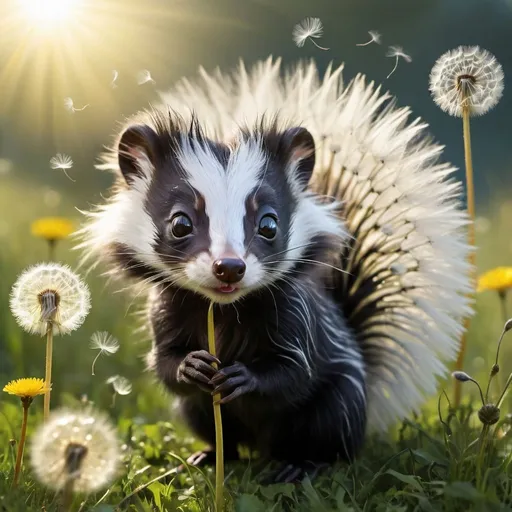 Prompt:  an adorable dandelion-skunkwith a cute big-eyed expression and a wind-blown tail made of dandelion seeds, seamlessly blended with a field of dandelions. The skunk's face is in profile view, with huge eyes, and its tale is an ethereal transformation of filigree dandelion seeds blowing in the wind. Several full dandelions in the foreground align with the skunk's tail, suggesting a whimsical, dream-like connection between flora and fauna. The background boasts a softly lit sky with hints of gold and blue at sunset, casting a warm glow across the scene. The atmosphere is tranquil, with a touch of floating dandelion seeds and delicate filaments dispersed in the air, enhancing the magical realism of the composition.