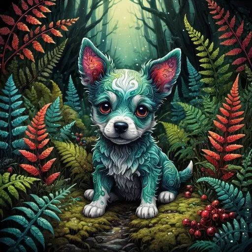 Prompt: triadic colors, best quality, a close up highly detailed puppy, moss, ferns, rowanberries, highly detailed glittering scales, by Craola, Dan Mumford, Andy Kehoe, 2d, flat, cute, adorable, vintage, art on a cracked , fairytale, storybook detailed illustration, cinematic, ultra highly detailed, tiny details, beautiful details, mystical, luminism, vibrant colors, complex background
