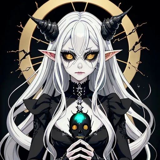 Prompt: {{black sclera}}, {{Silver eyes}}, A smug young elf woman in a {Black and Gold saintess dress}, {{Pure white Hair}}, {{holding a necromantic staff with a crystal skull with burning eyes}}, on an empty background, intricate detail, high quality, 