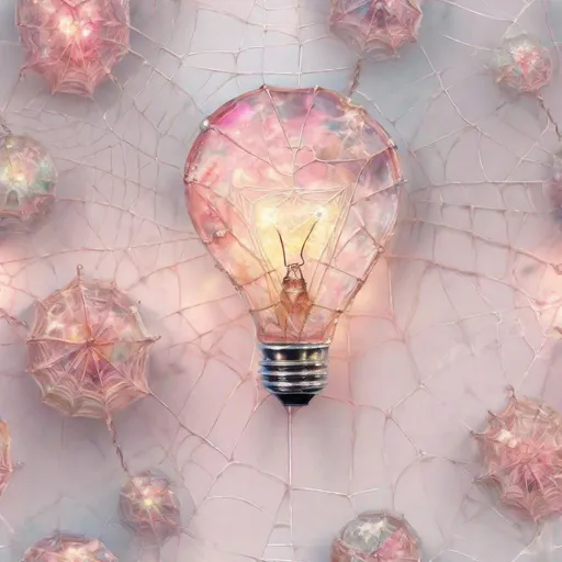 Prompt: pastel light pink Spiderweb inside, edison lightbulb heart shaped, hyper realistic, hyper detailed, multicolored, florals inside, sparks, electricity, sharp image, painting, watercolor, fractal gems, white background