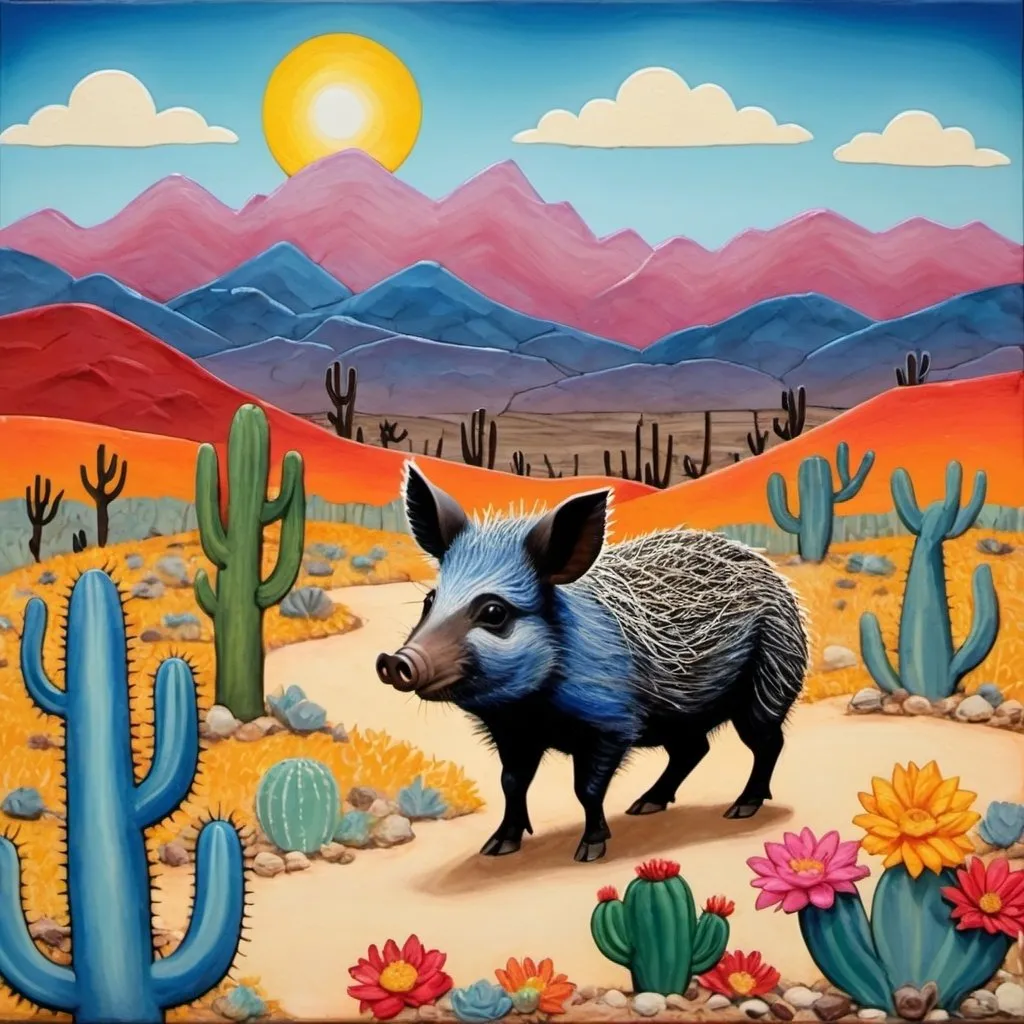 Prompt:  javelina in the desert, impasto, encaustic texture, gradient luminous inking, Maud Lewis, melissa lakey, Sandra Boynton, Ton Dubbeldam, whimsical, childlike drawing, big sky, colorful, limited detail, colorful, bold, naive painting, playful, cactus