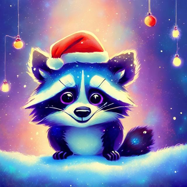 Prompt: Cute Pixar style painting, an adorable raccoon, christmas, midnight, ornaments, christmas tree, gifts, Santa hat, christmas lights, nebula, galaxy, stars, fireflies, glowing,  snow, soft light, 4k, beautiful 