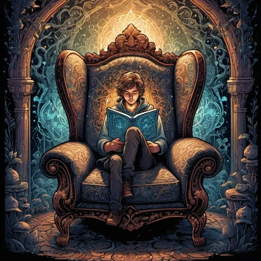 Prompt:  sitting in an armchair, core magic, ,Dan Mumford, Todd Lockwood, Craola with intricate ornament, complex patterns, , 2d, flat, cute, charming, vintage, drawing on cracked paper, fairy tale, detailed illustration from a collection of short stories, cinematic, over-detailed, tiny details, beautiful details, mysticism, luminescence, bright colors, complex background