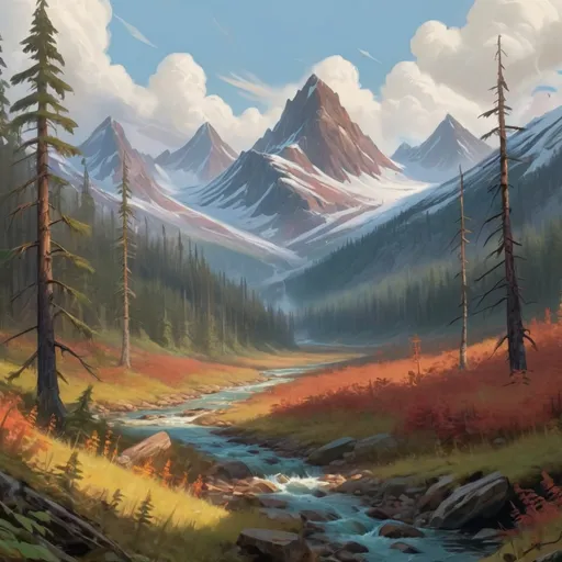 Prompt: taiga landscape, mountains, northern forest, artistic, magic the gathering art style