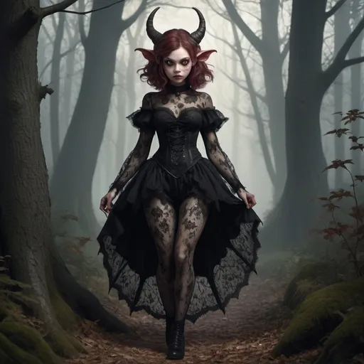 Prompt: High resolution digital rendering of a full-bodied portrayal of a playful feminine imp beast, wandering through the woods, her expressive eyes dotted with freckles and hauntingly charming, her nefarious yet enticing silhouette wrapped in a snug, richly designed gothic outfit and translucent lace, characterized by her dwarf-like stature yet beastly aesthetics juxtaposed with the undertones of