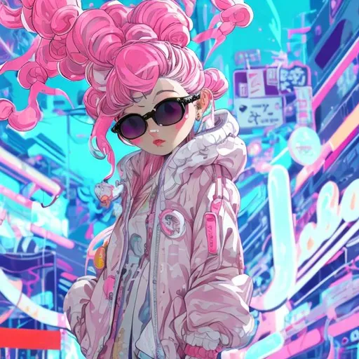 Prompt: wide standing view, full body view, cute petite 21 year old anime girl, pink hair, two braided pigtails, making peace sign with one hand,  sunglasses ((white, oval frame)), puffy bomber jacket, black combat boots, highly stylized artstyle, messy abstract neon tokyo background, wide view, digital illustration, ultra hd, extreme long shot, telephoto lens, motion blur, wide angle lens, deep depth of field, deep blue color scheme, pastel color scheme