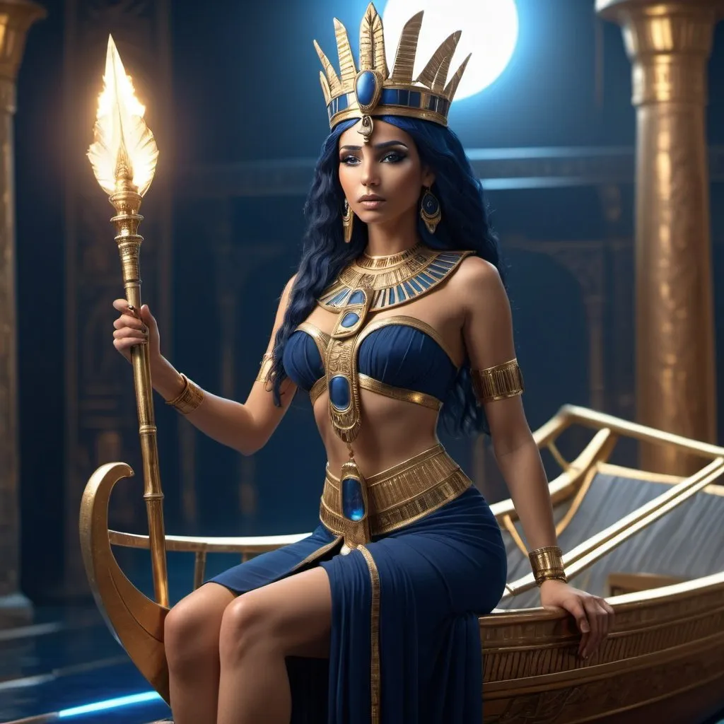 Prompt: HD 4k 3D, 8k, hyper realistic, professional modeling, ethereal Egyptian Goddess style, Ruler Goddess, beautiful, holding scepter,  glowing fair skin, dark blue hair, mythical regal gown, crown, full body, powerful, on throne on egyptian boat, Fantasy setting, surrounded by ambient divine glow, detailed, elegant, surreal dramatic lighting, majestic, goddesslike aura, octane render, artistic and whimsical