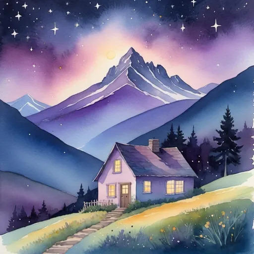 Prompt: Watercolor painting of a quaint cottage nestled in a valley, distant mountain peak ascending majestically under a starry night sky, glowing window revealing silhouette of boy gazing upward, twinkling stars, soft gradients of night blues and purples, texture of watercolor paper, whimsical, ultra fine, illusion engine.