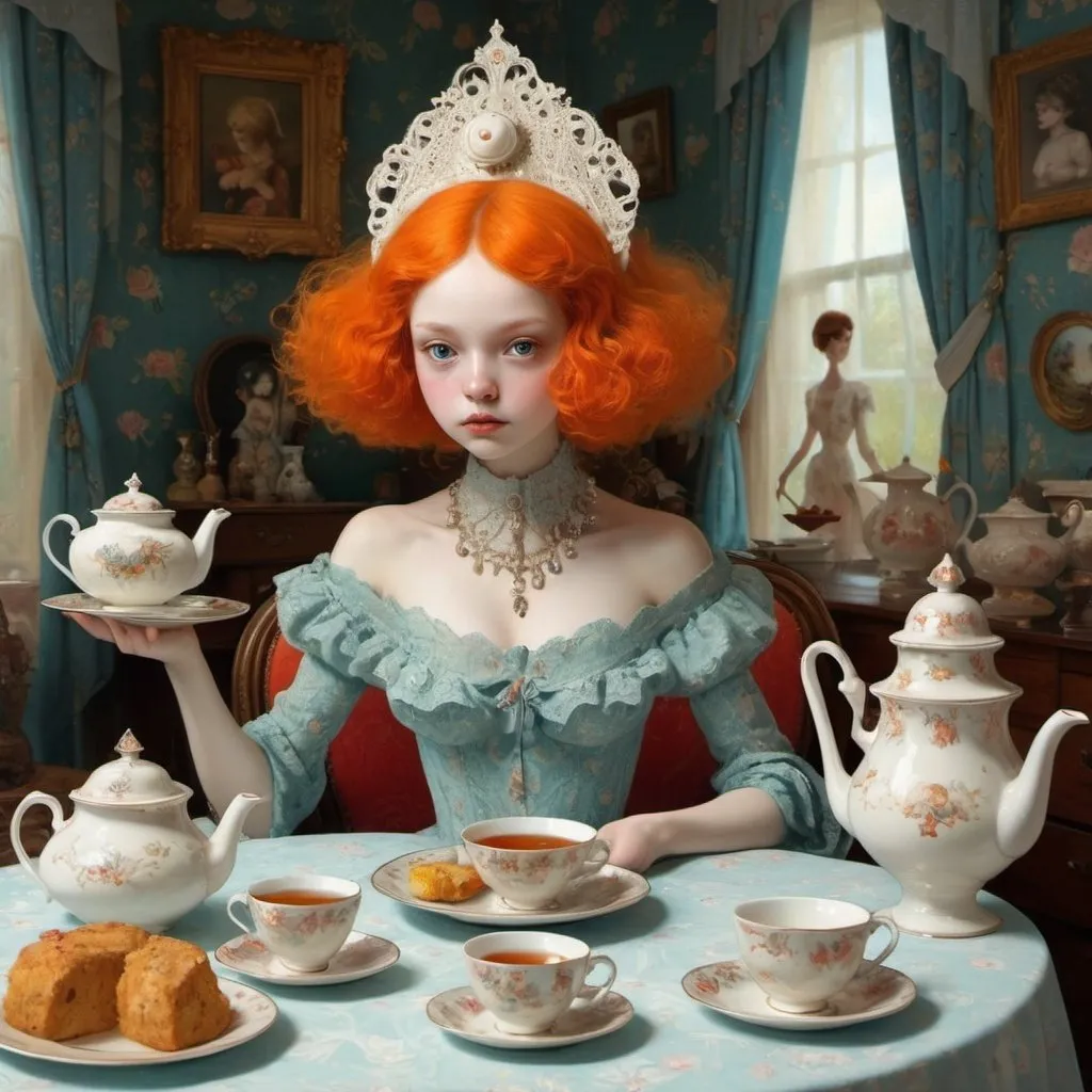 Prompt: Tea party.

Cute creature by Boris Kustodiev and Frank Cadogan Cowper.

A painting in mix style Don Blanding and  Ray Caesar and Victor Nizovtsev and Alyssa Monks and Abigail Larson  and Catherine Hyde and Esao Andrews

Imagination, mysterious  art style. Intricate details, hyper detailed, masterpiece.
Ultra detailed outfit. 32k. Divine proportion. Ultra detailed textures. Perfect. 