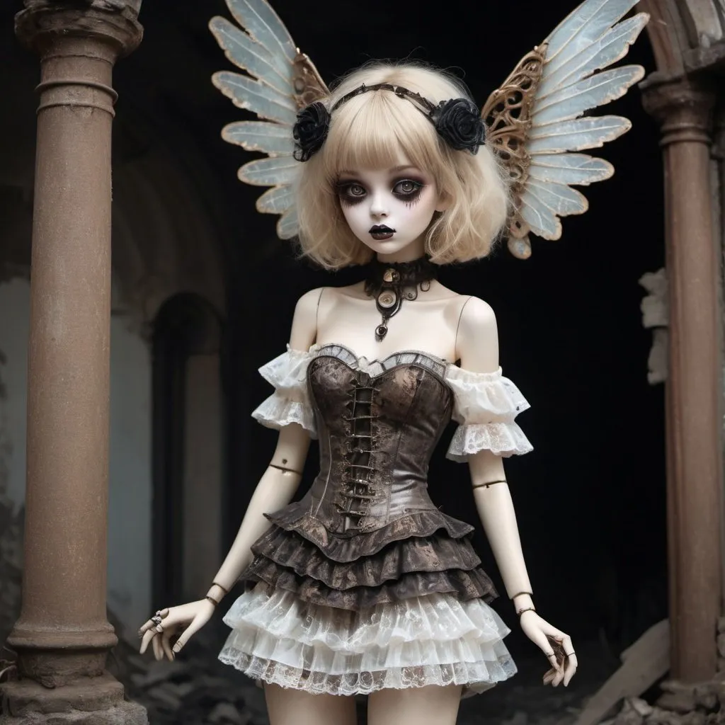 Prompt: Machine doll girl, very cute and very adorable, (((very super realistic))), (((very realistic and accurate eye))), (((Victorian rococo Deteriorated and Rotting, decaying, rusting, rusty color Gothic and Lolita, off the shoulder, Very excessive steampunk))), (((intricate mechanical wings))), (((decadent surrealism))), 14 years old, very short bob with bangs, Deteriorated and rusty color hair, Lace and ruffle flared pleated mini skirt, skeleton body, iridescent luminosity, background detail, organic, neon tube linkage. Special enchantment, special magic, (((very dark dramatic cinematic lighting, very dark ruins, deep depth of field))), (((very large slanted big eyes))), light reflecting moist eyes, long eyelashes, thin nose, small mouth, glossy beige lips, thin chin, clear white glossy skin, slender body.