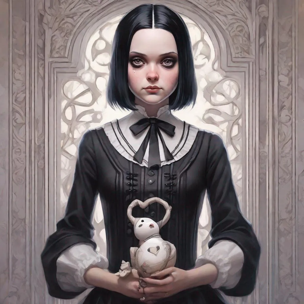 Prompt: beautiful cottagecore  Wednesday Addams holding a Coraline doll, Black Hair, Goth, gothic, castlevania, intricate, elegant, highly detailed, digital painting, artstation, concept art, smooth, sharp, focus, illustration, art by artgerm and greg rutkowski and alphonse mucha