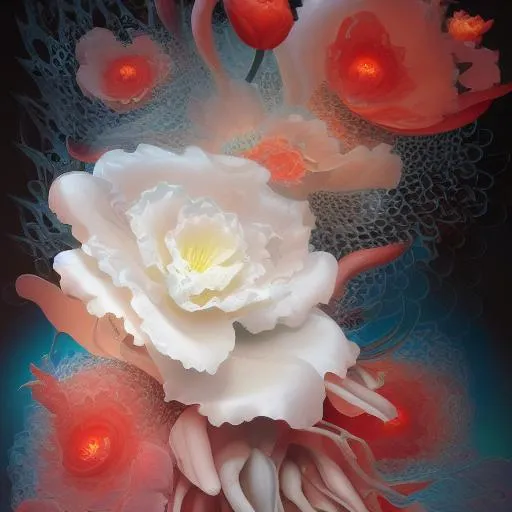 Prompt: Large blooming ((iridescent ((((lilies, white roses, poppies)))) by Fragonard, Sho Murase, Chen Su ))) indigo berry cream peach silver petals, glowing red translucent ((seed pods) by ((Noah Bradley, John Berkey)), (background theme) Twisted ancient fractal virus, glowing translucent ribbons, made of thin biological membrane, 3d textures, DNA,  infinite depth, galactic starfield, ultra realistic, high index of refraction, (bioluminescent sea angels) ((sparking fibre optic cables))((Chen Shu, J.R. Slattum, Howard David Johnson)) hyper realistic elegant smooth sharp clear edges, global illumination, smokey sky, fBm clouds, sunlight and shadows, sharp focus, wide angle perspective, cinematic, ultra realistic, sense of high spirits, electrical tension, sparks, global illumination, volumetric fog, volumetric lighting, occlusion, Houdini 128K UHD fractal, pi, fBm