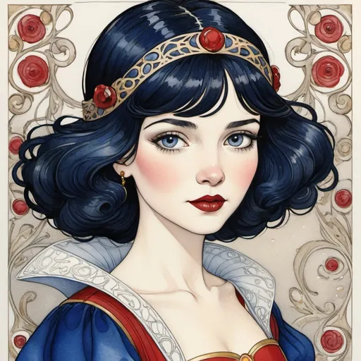 Prompt: Cinematic character render, fairytale, art nouveau masterpiece, chibi, 1920s fashion, calligraphic lines. Watercolor line drawing. Aubrey Beardsley, Klimt, Margaret Keane, Edmund Dulac, Mary Blair. Insanely detailed beautiful portrait Snow White, enigmatic smile. Perfect face, delicate face, focus on eyes,  long dark hair, vibrant colors, filigree, ornate patterns.

By Maya🦩