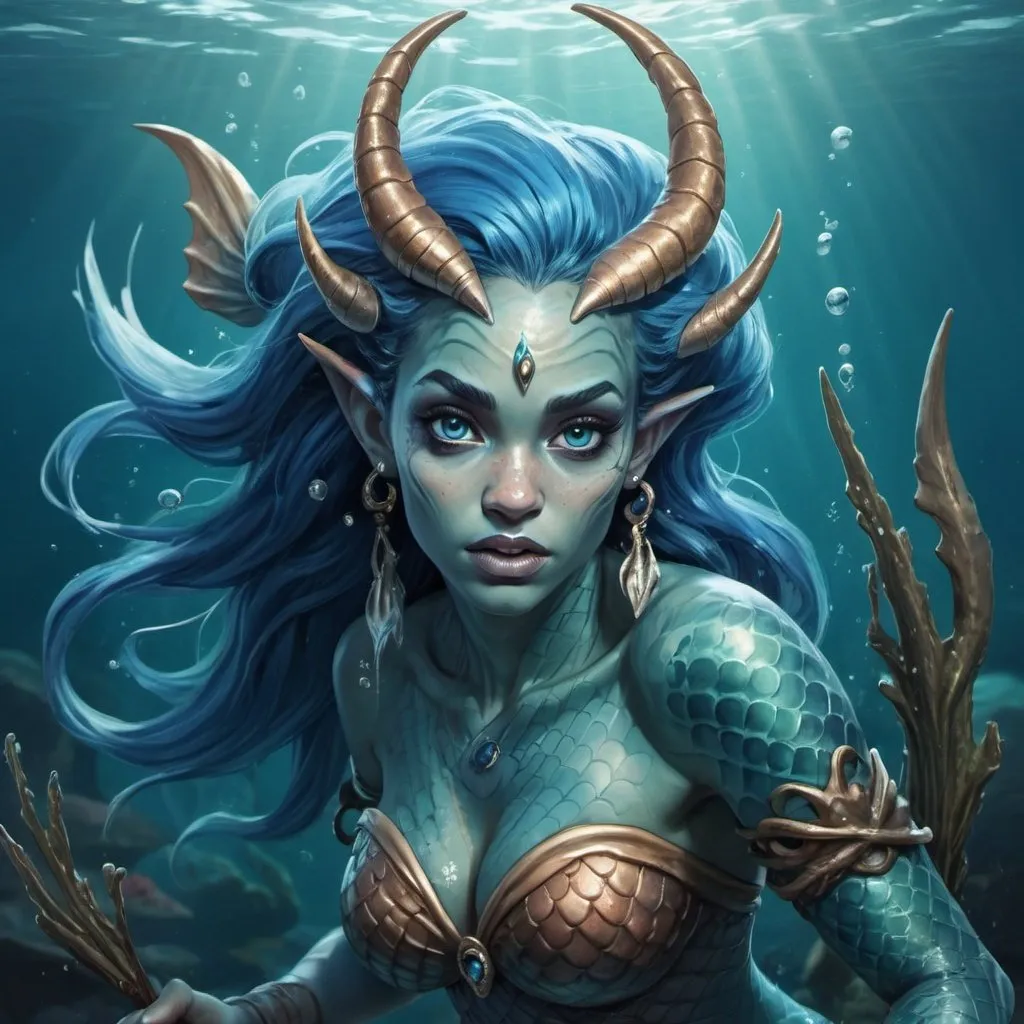 Prompt: An action portrait of a merfolk mermaid blue skin warrior Druid woman with webbed ears, underwater, casting a spell, DND character illustration beautiful eyes, scary, illustration, cartoon, tattoos