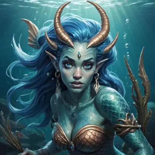 Prompt: An action portrait of a merfolk mermaid blue skin warrior Druid woman with webbed ears, underwater, casting a spell, DND character illustration beautiful eyes, scary, illustration, cartoon, tattoos