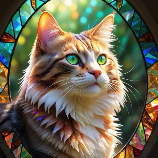 Prompt: tabby forest cat motif embroidered on a church stained glass, Broken Glass effect, no background, stunning, something that even doesn't exist, mythical being, energy, molecular, textures, iridescent and luminescent scales, breathtaking beauty, pure perfection, divine presence, unforgettable, impressive, breathtaking beauty, Volumetric light, auras, rays, vivid colors reflects, Broken Glass effect, no background, stunning, something that even doesn't exist, mythical being, energy, molecular, textures, iridescent and luminescent scales, breathtaking beauty, pure perfection, divine presence, unforgettable, impressive, breathtaking beauty, Volumetric light, auras, rays, vivid colors reflects