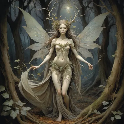Prompt: Female figure encompassing mystical attributes, inspired by Brian Froud's distinctive style, with ethereal wings, delicate intertwined vines, wearing a gown made of natural elements like leaves and petals, standing in an ancient woodland at twilight, surrounded by a faint glow of magic, elfin features prominent, soft luminescence highlighting her form, branches and shadows creating an intricate dance of light and dark, Brian Froud, digital painting, ultra fine details, enchanting atmosphere
