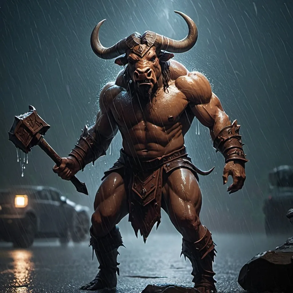 Prompt: 
minotaur, dnd, rain, 4k