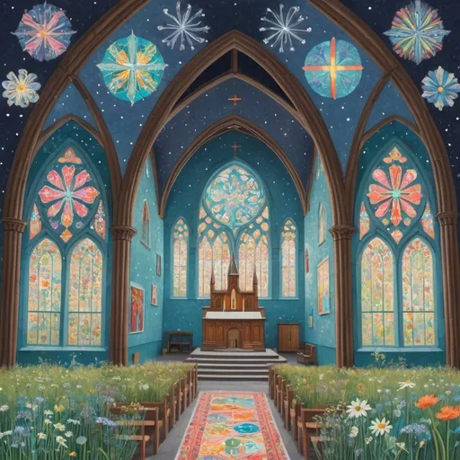 Prompt: an artwork depicting a church with beautiful bioluminescent neon stained glass windows, in the style of lucy grossmith, kitsch aesthetic, jonas lie, bright palette, rui palha, meticulous details, nabis, Olivia Gibbs, in the style of bold patterned quilts, soft yet vibrant, cute and dreamy, pattern-based painting, bright spring colors, windows vista, quirky characters and objects, use of vintage imagery, Victoria Ball