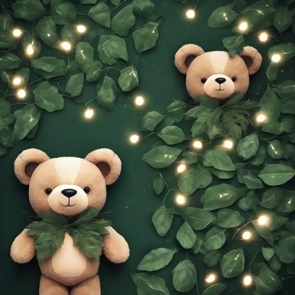 Prompt: A cute teddy bear made up of dark green leaves and twinkle lights perfect for profile picture