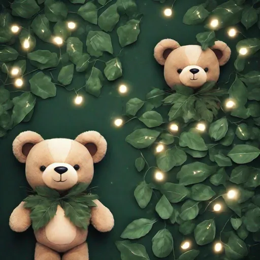 Prompt: A cute teddy bear made up of dark green leaves and twinkle lights perfect for profile picture