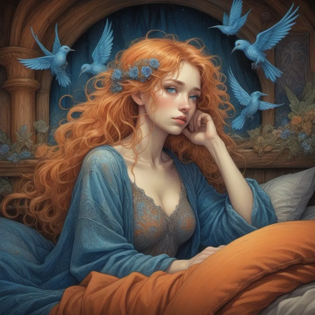 Prompt: Art by Mark Keatley, Josephine Wall, Ellen Jewett, Dan Mumford Cayenne, Victoria Frances Super Art by Brian Froud she is sad, a painting of a woman laying on a bed, orange - haired anime girl, beautiful detailed blue eyes, very very long blond curly hair, orange robe, pattern art, sad blue, by Eizan Kikukawa, twitter pfp, terracotta.