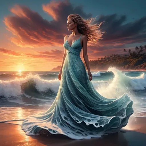 Prompt: 3D HD 8K DOUBLE exposure a woman standing on a beach next to the ocean with a magnificent sunset with a wave crashing in front of her, she has on a magnificent long dress that flows into the sea foam, bottom of dress is very full and irredecent it is made of swirling sea foam Cyril Rolando, fantasy art, highly detailed digital painting, an airbrush painting