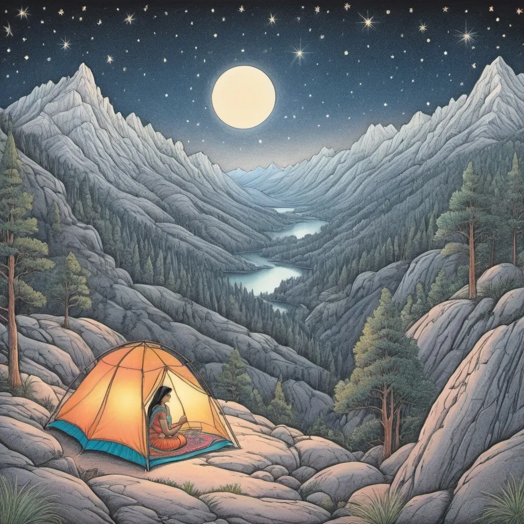 Prompt: Indian drawing  a night in the mountains on a starry night. Line drawing, clean clear lines, coloring book style, bright colors, intricate details, elegant, discreete, serene, peaceful, fine detail, pastel pencils, winsor McCay style.