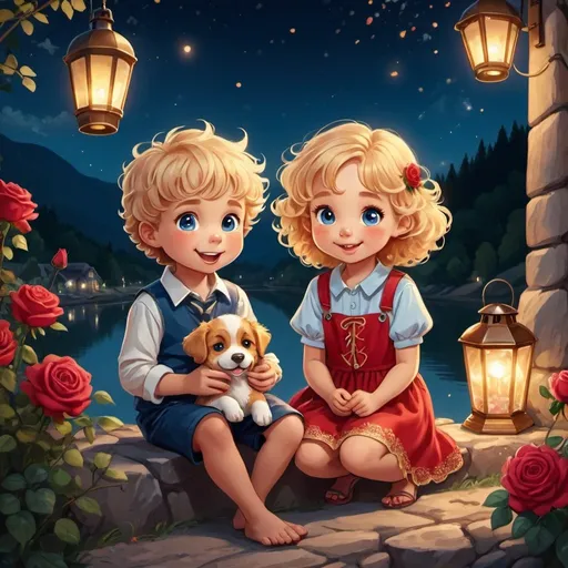 Prompt: A cute and beloved cartoon character, 

a girl and a  boy sitting and eat on an beutifull mountain river on  New yaers eve, 

curly fluffy dog plays

only 2 years old, 

slightly tanned skin

firework on air,

beutifull dressed on

full body,

with wavy golden blond hair, 

wearing bright silk clothes embroidered with red aprico roses, 

wide, 

beautiful blue eyes, 

charming European features, 

standing in a neighborhood full of roses, 

night and a lantern hanging on the wall, 

happy children, 

full specifications, 

accuracy. In close detail