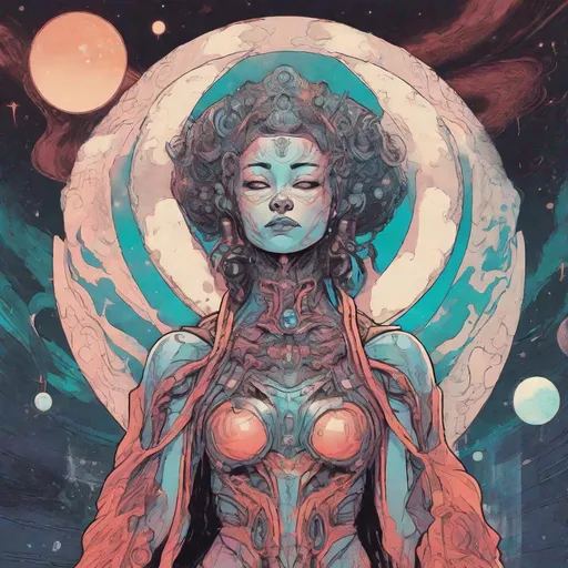 Prompt: moon deity in a female humanoid form. 
Science Fiction, Retrofuturism, Gore, Cosmic Horror, Fine inking, Clean linework, comic illustration, flat shading, Colour transitions, Maximalism, Beautifully illustrated forms, beautiful background scenery, Warm and cold colour mix, Triadic colour palette, Dark vibrancy, soft lighting, Complexity, Storytelling, Dynamic Poses, High quality, Sharp focus, Tight colour range, Full scene, Filmic, 