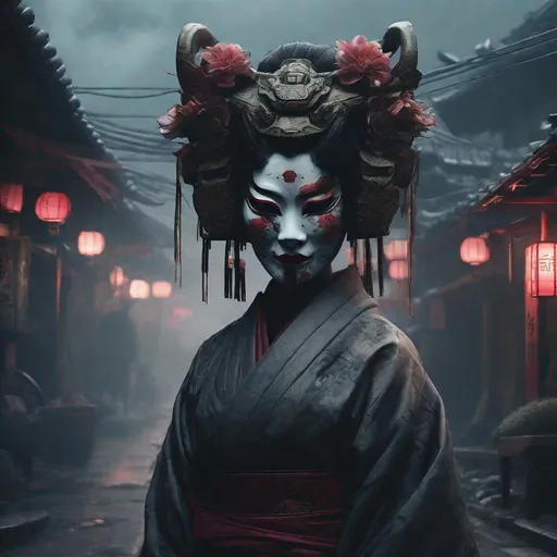 Prompt: Half geisha, half oni mask, adorning a figure standing amidst a cyberpunk Japanese village, moody and atmospheric with a haunting horror-filled aura, villagers draped in tattered clothes, dense fog enveloping the scene, cast in dark tones with dramatic cinematic lighting, street art elements visible in the background, an intricate and elegant digital painting, extremely detailed octane render, atmospheric with cinematic lighting, portrayed in a professional ominous concept art style, smooth yet with a sharp focus, reminiscent