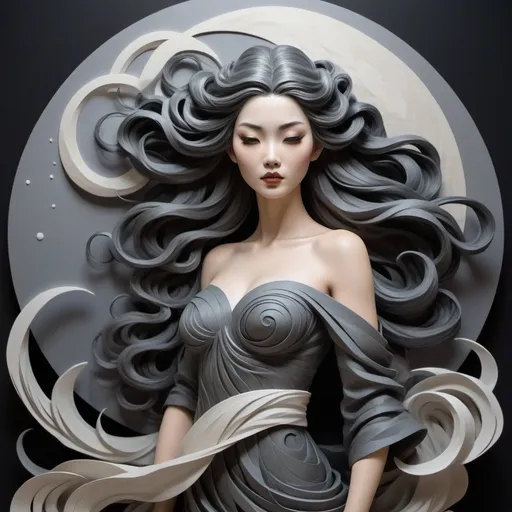 Prompt: A woman with long swirling hair standing in front of a full moon, artgerm and ben lo and mucha, black clouds, female water elemental, lots of swirling, grey and black, paper relief sculpture, inspired by Luo Mu, detailed dress and face, featured art, painting of a woman in the style of paper art, 