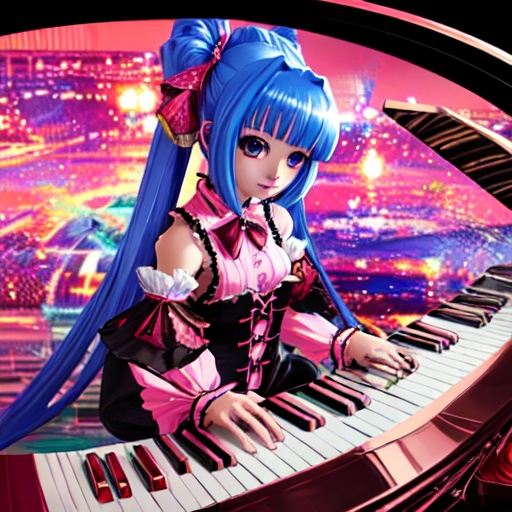 Prompt: anime girl playing piano. maximalist anime style. 8k aesthetic.