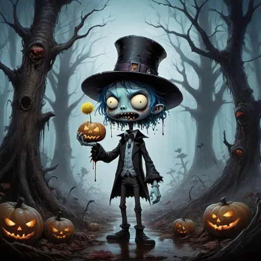 Prompt: color photo of a captivating promotion artwork featuring a cartoon zombie wearing a hat in the eerie woods, created in the distinct style of Trevor Brown. This digital character painting showcases the artist's unique interpretation of the undead, infusing the zombie with a touch of whimsy and macabre charm. The inclusion of a dandelion adds a delicate and unexpected element to the composition. Inspired by the gothic aesthetics of Tim Burton, this artwork captures the essence of his dark and whimsical storytelling. The presence of the Kuntilanak, a long-haired blue-centered entity from folklore, adds an air of mystery and supernatural intrigue. Drawing inspiration from the style of Greg Simkins, this artwork boasts intricate details and a depth that draws the viewer in. The 1:1 album artwork format allows for a captivating and immersive experience. This artwork is not only a promotional piece but also serves as an in-game image and can be found on the sales website, enticing potential players with its hauntingly beautiful blue image. The autumn season sets the tone, adding a touch of melancholy to the overall atmosphere. This captivating promotion artwork invites viewers to dive into a world where fantasy and darkness intertwine, leaving them with a sense of awe and curiosity, a character portrait 20% computer graphics 19% a digital painting 19% a screenshot 19% concept art 19% Artist by Jamie Hewlett by Jamie Hewlett 23% by Trevor Brown 21% by Guillermo del Toro 21% by Tony DiTerlizzi 20% by David Roberts 20% Movement pop surrealism pop surrealism 21% gothic art 20% shock art 19% fantasy art 19% computer art 19% Trending deviantart contest winner deviantart contest winner 20% featured on deviantart 19% Artstation 19% behance contest winner 19% cgsociety 19% Flavor skottie young skottie young 25% caracter with brown hat 24% style of jeff soto 24% tim burton's style 24% eerie and grim art style, architecture, portrait photography, illustration, wildlife photography, 3d render, graffiti, poster, painting, dark fanta