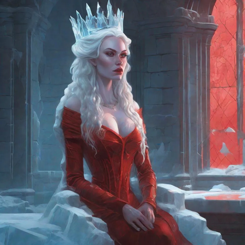 Prompt: Ice queen in a castle made our of ice, red make-up, realistic lighting, realistic face, realistic reflections, could, ice, professional ominous concept art, by artgerm and greg rutkowski, an intricate, elegant, highly detailed digital painting, concept art, smooth, sharp focus, illustration, in the style of simon stalenhag, wayne barlowe, and igor kieryluk., trending on artstation, sharp focus, studio photo, intricate details, highly detailed, by greg rutkowski