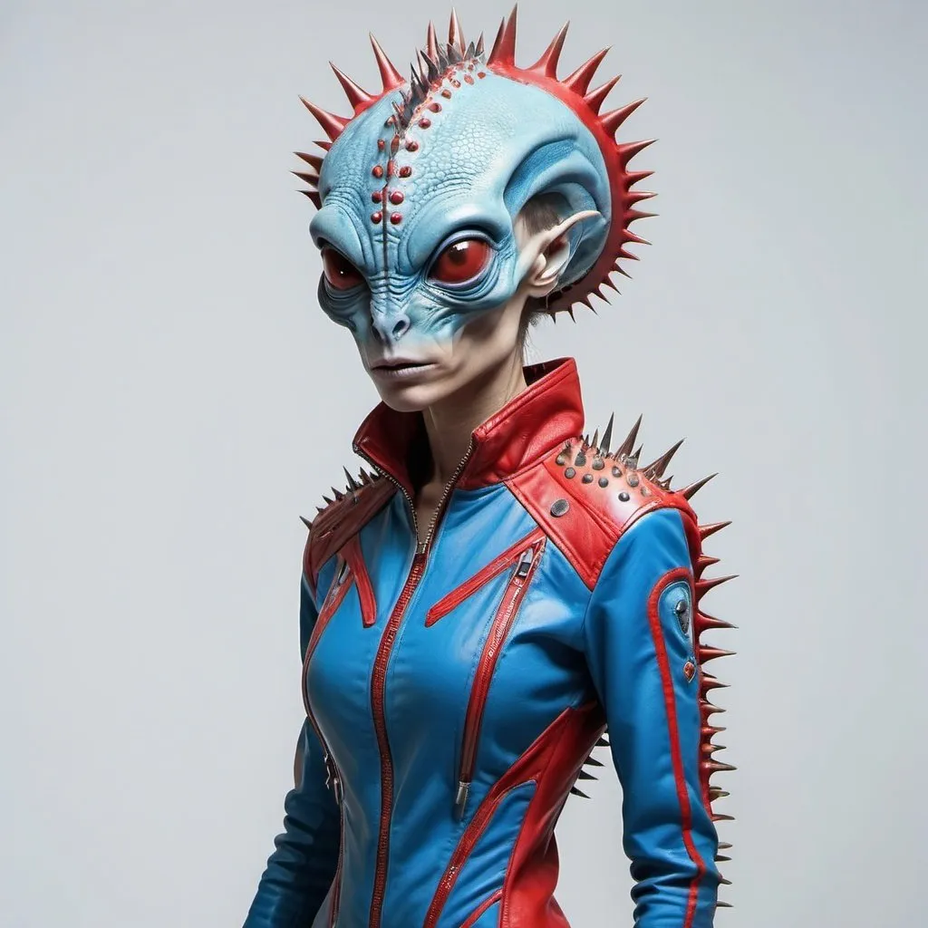 Prompt: alien, full body shot, lizard looking with spikes on her head, The facial features of a human，  waring a jacket in white background, in blue red color