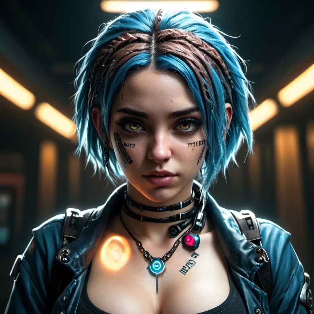 Prompt: best quality, realistic, masterpiece, an extremely grungy and beautiful, extremely detailed , highres, extremely detailed, curvy, beautiful detailed girl, head and shoulder body, realistic, cyberpunk, beautiful detailed brown eyes, light on face, cinematic lighting, facial piercings, blue hair