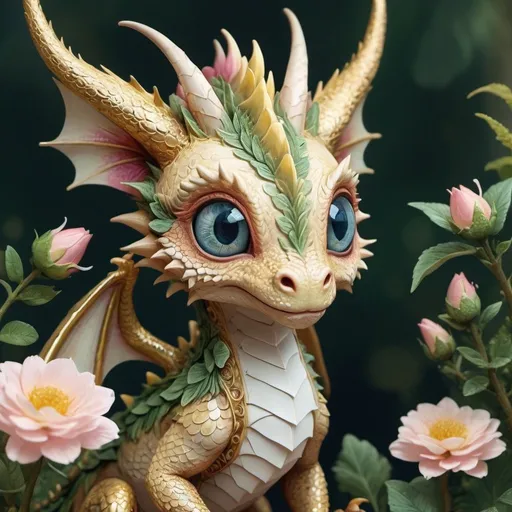 Prompt: Analog Style, Close Up Cute And Adorable Forest Dragon, hieronymus bosch
 , Filigree, Long Striped Tail, Reflective Eyes, Blushing, Flowers, Rim Lighting, Lights, Extremely Fluffy, Detailed Eyes. Magic,  Golden Ratio, Intricate, Trending On Artstation, Highly Detailed, Ultra High Quality Model, Story Book Style, Muted Colors, Watercolor Style