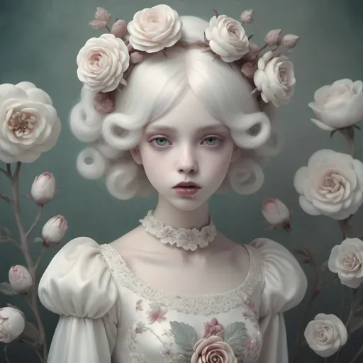 Prompt: Porcelain girl with flower hair, silk dress, white skin with heavy makeup, extremely ghostly white, floral background, candy color tones, soft, dreamlike, surrealism, intricate details, 3D rendering, octane rendering. Nicoletta Ceccoli style. By Monique Moro