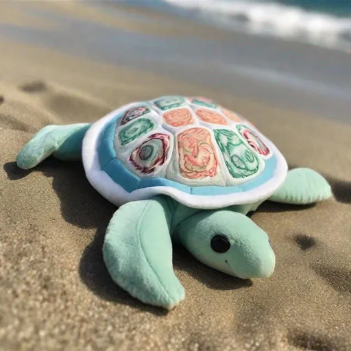 Prompt: cute stuffed toy sea turtle on the beach