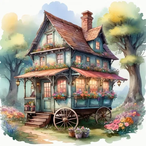 Prompt: shabby Small house caravan on wheels nestled among decorative, colorful flowers, features Aerith Gainsborough in a watercolor painting aesthetic, epic fantasy scene with a multi-leveled, inhabited old cabin, beings of astonishing structures nearby, reminiscent of Magali Villeneuve's style, suitable for a telegram sticker, whimsical carriage, digital watercolor artwork, volumetric lighting, high fantasy elements, digital painting.