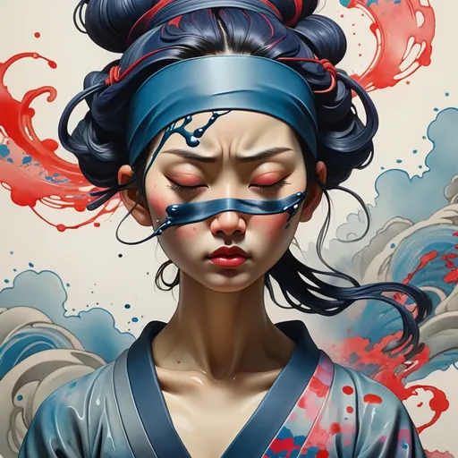 Prompt: "Japanese woman blindfolded, in meditation; Onmyōdō; liquid, ink, splatter, splash, by James Jean and Arthur Rackham, masterpiece intricately detailed 8k resolution maximalist, liquid fluid painting, watercolor art, calligraphy, action painting, complex, fantastical, dramatic flow, vibrant brush strokes, triadic colors"