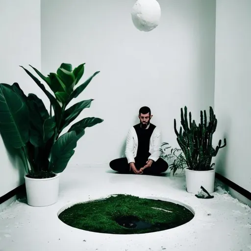 Prompt: a completely white and cold minimalist decor, a man dressed in black leans over a hole in the ground he holds in his hands, a green plant there is water all around him