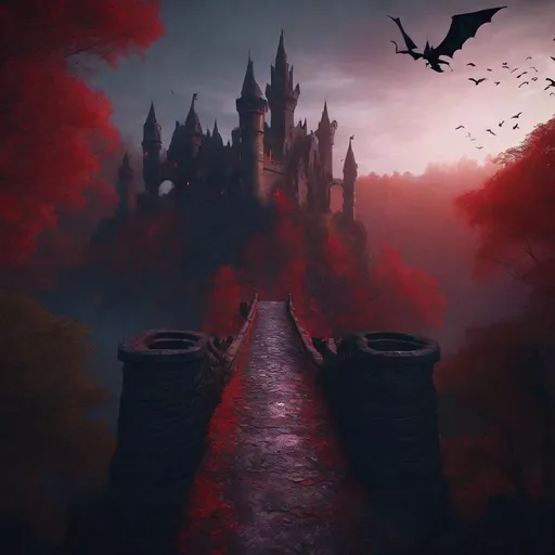 Prompt: gothic mystical landscape, black dark creepy castle, stone bridge leading to a mystical dark dense forest on the edge a cliff, flying dragons, night, 8k resolution, shiny super reflective, unreal engine 5, complementary colors, vibrant, red mist, Highly detailed, cinematic scene, perfect composition, dramatic, 8k resolution, close up, cinematic, fantasy, epic,