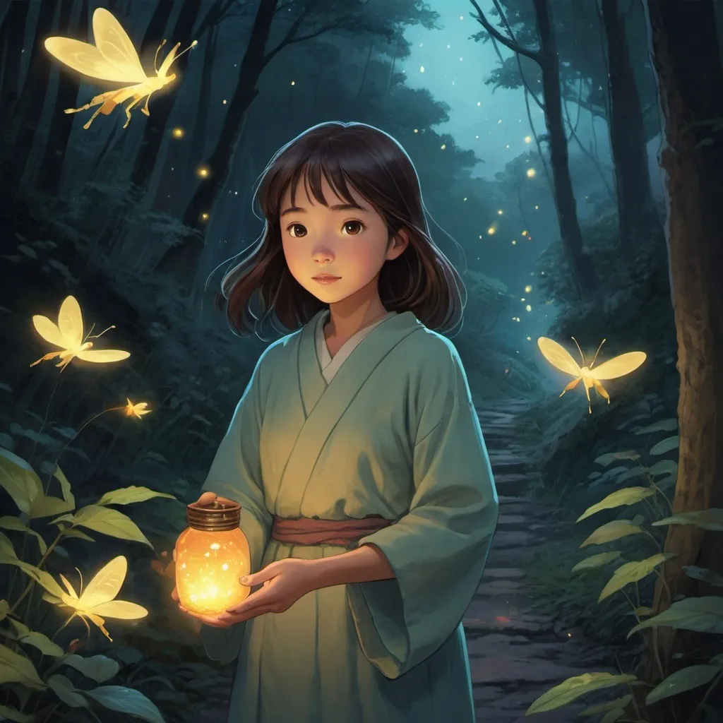 Prompt: A image showing Hana learning the ancient art of firefly magic from Mitsuko girl who is ghost.
Art Form: Digital Illustration
Inspiration: Hayao Miyazaki
Description: In a digital illustration series, Hana's journey of mastering firefly magic under Mitsuko's tutelage comes to life. The scenes are rich with detail, portraying her emotions, from curiosity to accomplishment. The color palette shifts, and the atmosphere evolves to reflect the enchanting world of firefly magic, inviting viewers to join Hana on her mystical path.